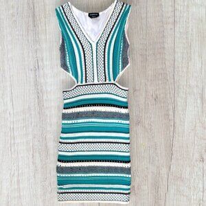 BEBE Sleeveless Knit Cut Out V-Neck Sweater Dress Turquoise White Black Womens S